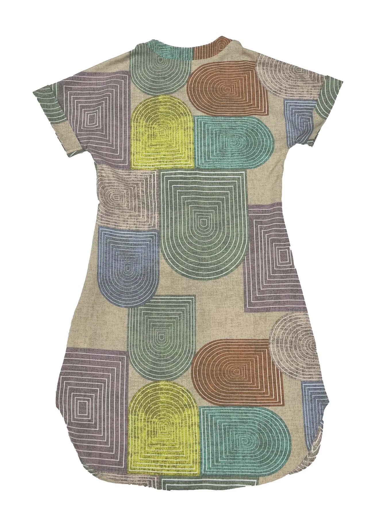 Women's Elegant Geometric Print Dress | Summer V-Neck Button-Up Casual Gown | American Retro Loose Fit Knee-Length Sundress | Premium Tatting Comfortable All-Season Vestido Luxegan