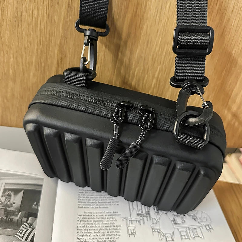 Unisex Army Green Mini Box Crossbody | Casual Leisure Shoulder Sling Bag | Durable PVC Solid Color Handbag with Striped Texture & Zipper Closure Luxegan