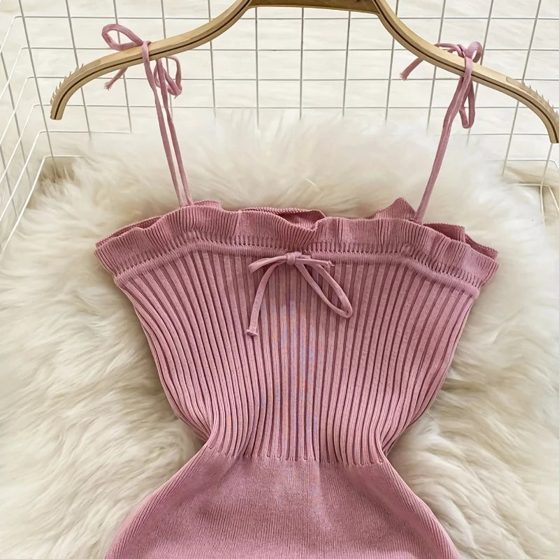Women's Pink Sleeveless Short Sundress | Elegant Ruffle Trim Square Neck Ribbed Knit Gown | Sexy Stretchy Bodycon Party Clubwear | Premium High Stretch Slim Fit Mini Luxegan