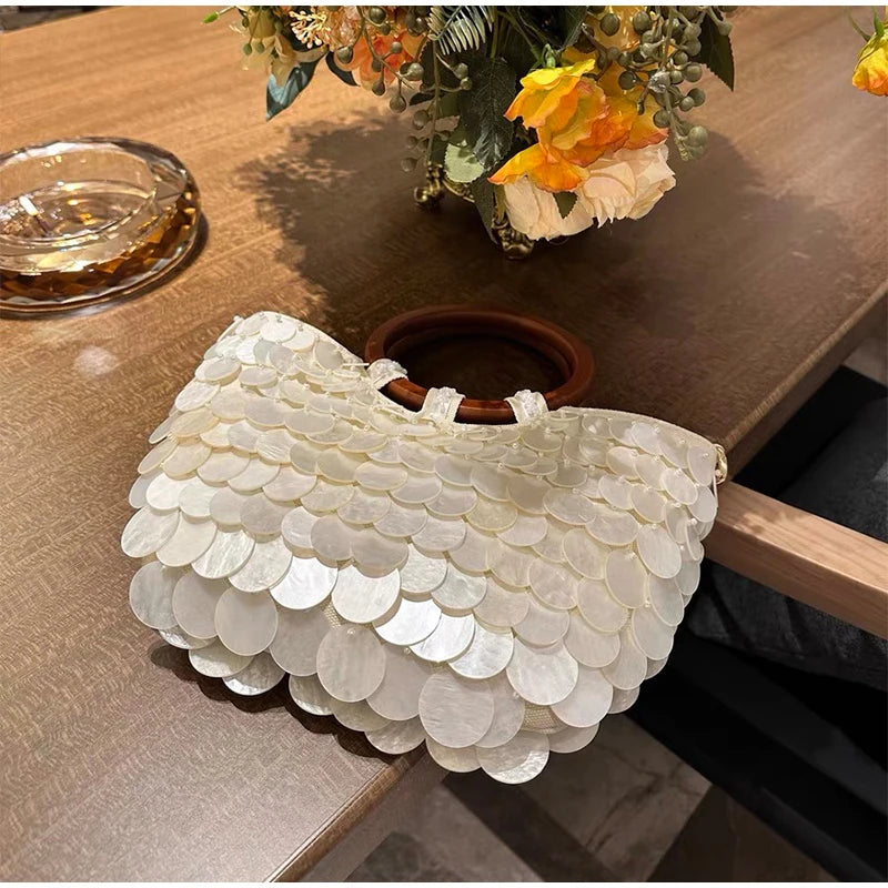 Fashion High-End Shell Bag | Niche Design Pearl Inlay Half-Moon Bag & Handmade Shell Beaded Handbag (New Versatile Crossbody) Luxegan