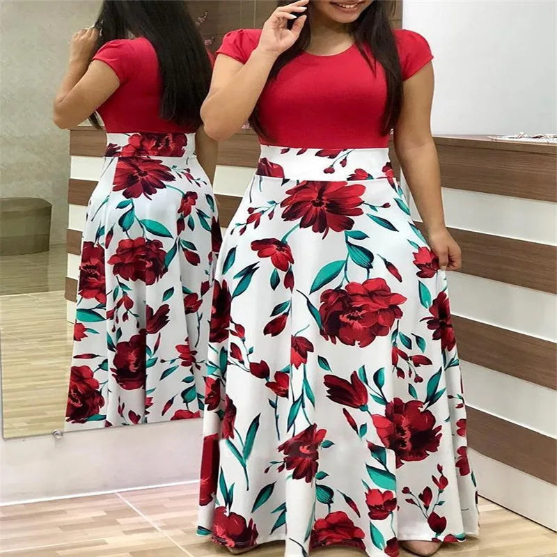 Print Round Neck Regular Fit Straight Ankle-Length Dress – Short & Long Sleeve Options, Spring/Summer