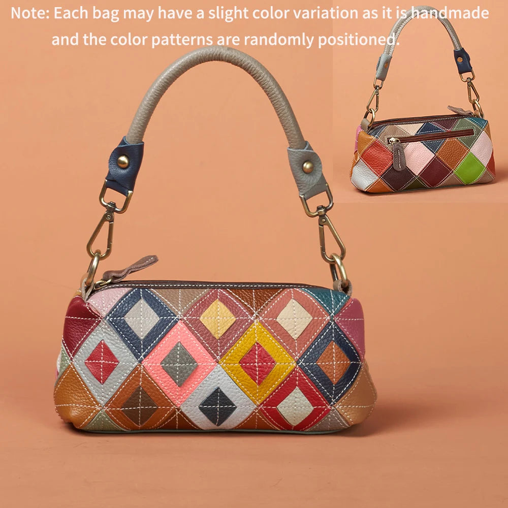 Handmade Genuine Leather Women’s Small Shoulder Bag | Ethnic Floral Patchwork Shell Bag | National Style Genuine Leather Crossbody with 2 Interchangeable Straps Luxegan