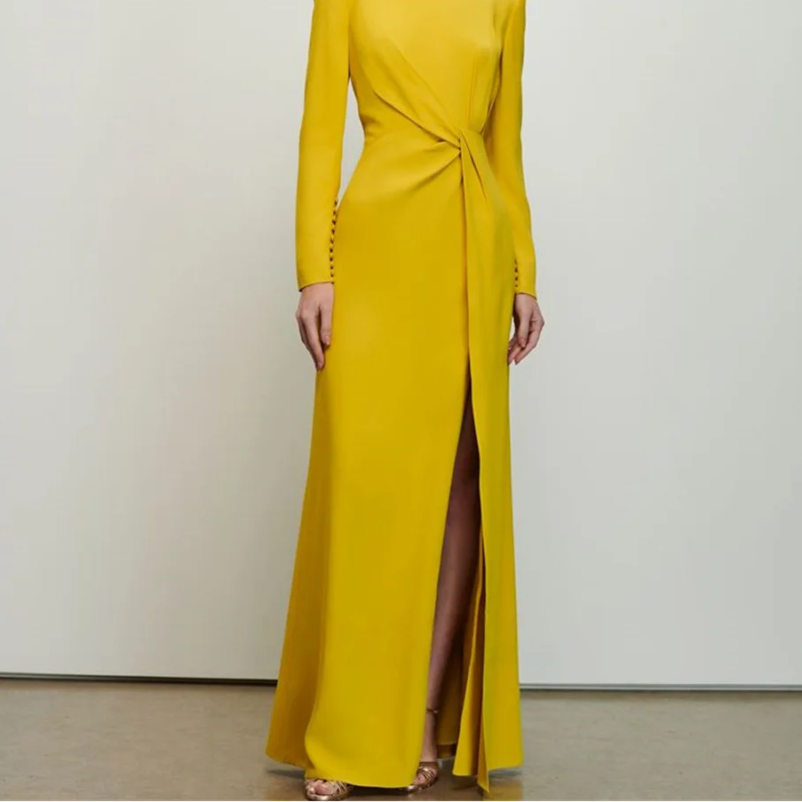 Vivid Yellow Satin Mermaid Prom Dress | Elegant Round-Neck Long-Sleeve Formal Gown | Classic Front-Twist Floor-Length Dress with High Slit and Sweep Train Luxegan