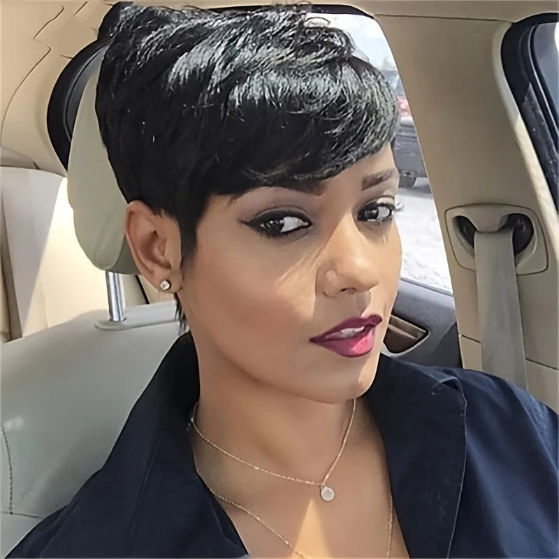 Silky Straight Short Pixie Bob Cut Wig with Bangs - 180% Density Full Machine-Made Glueless Human Hair Wig - 100% Brazilian Remy Natural Color Fringe Wig for Women (Short Length) Luxegan