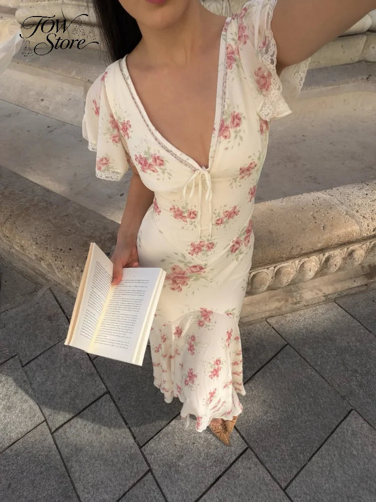 Flutter Sleeves Slim Long Dress Women Casual Pleated Deep V-neck Floral Print High Waist Dresses 2026 Lady Summer Holiday Wear