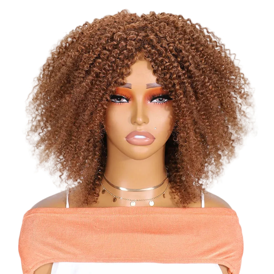 P4/27 Afro Kinky Curly Human Hair Bob Wig with Bangs - 250% Density Full Machine-Made Glueless Short Wig - 100% Brazilian Remy Human Hair Mix Brown Jerry Curly Fringe Wig for Women (Fast Shipping) Luxegan