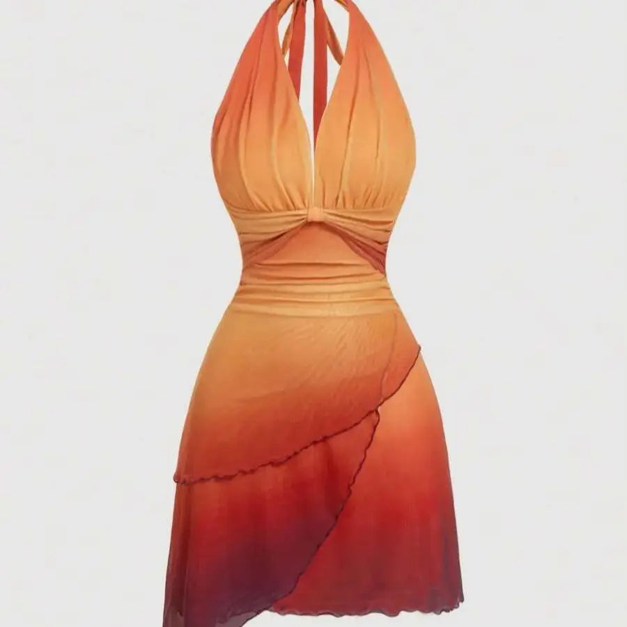 Gradient Bow Tie Strap Asymmetrical Dress | Sexy Sweetheart Neck Backless Spaghetti Strap Dress | Premium Medium-Stretch Slim Fit Sheath Dress | Fashionable Mid-Calf Knee-Length Summer Vestido Luxegan