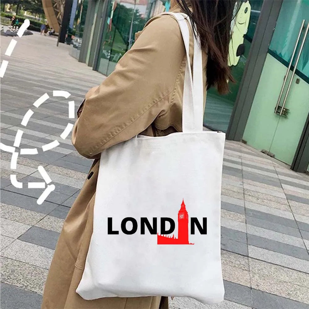 London Big Ben England Map Flag Canvas Tote Bag | UK City Landscape Skyline Shoulder Shopping Handbag (Women's Tourist Gift) Luxegan
