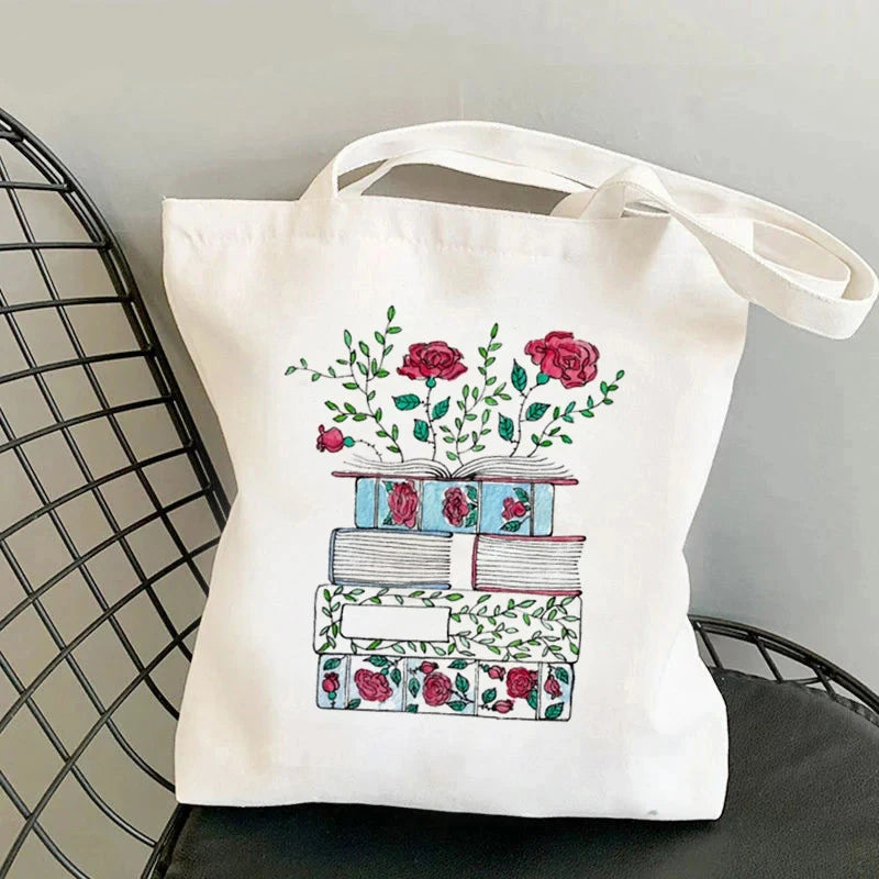Flowery Books Printed Canvas Tote Bag | Retro Large Capacity Eco-friendly Shopping Bag | Unisex Student Schoolbag Shoulder Bag Luxegan