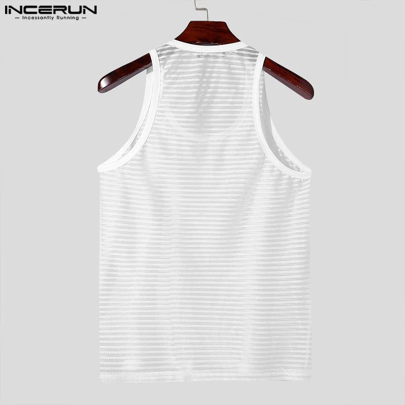 Camisetas informales de moda INCERUN nuevas camisetas sin mangas a rayas transparentes y sexys para hombre, chalecos finos ajustados para discoteca masculina