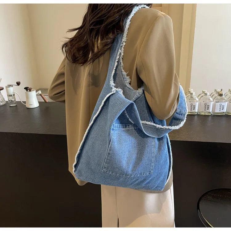 Custom Logo Printing Denim Tote Bag | High-Quality Student Style Leisure Handbag | Unisex Cartoon Pattern Canvas-Lined Crossbody Bag (Model 3138) Luxegan