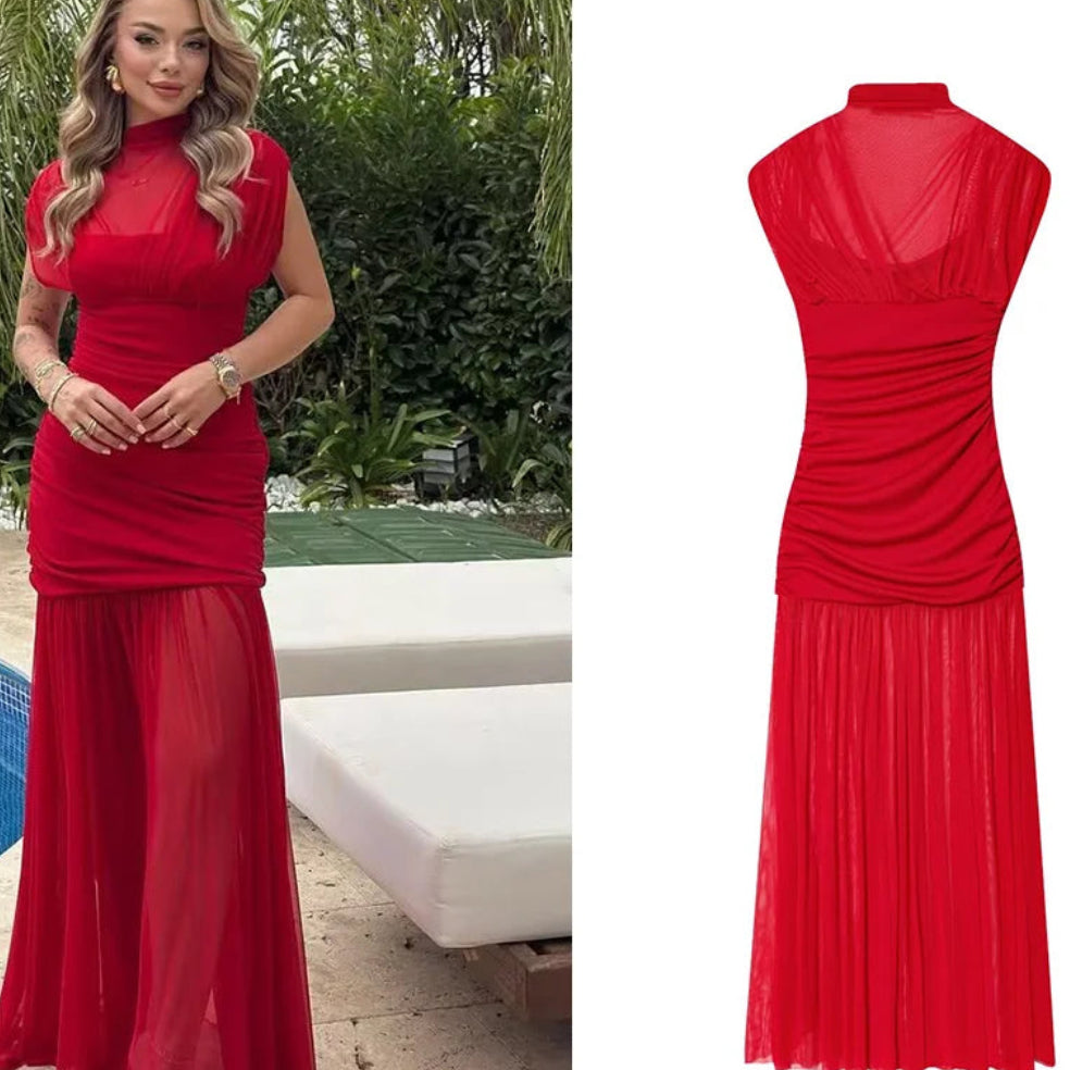 Women's Sexy Mesh Pleated Long Party Dress | Elegant Turtleneck Short Sleeve Evening Gown | Fashion Summer Slim Fit Ankle-Length Club Vestido | Solid Color High Collar Sheath Dress Model K0809260999 Luxegan