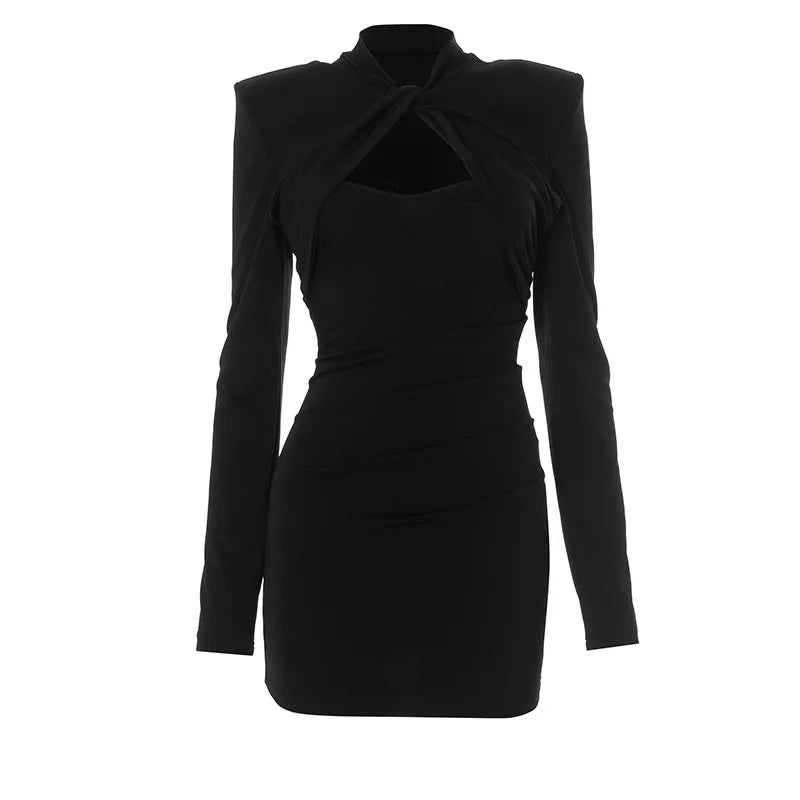 Women's Elegant Autumn Hollow-Out Short Evening Dress | Slim Fit Mock Neck Long Sleeve Party Dress | Spring/Autumn Solid Color Above-Knee Mini Sheath Dress | Sexy Pullover Clubwear Luxegan