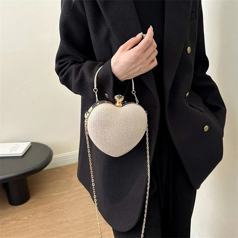 Shiny Heart Shape Metal Evening Clutch Bag for Women | Fashion Chain Shoulder Crossbody Bag (Luxury Lady Purse) Luxegan