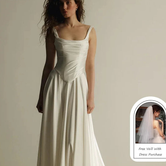 Elegant Lustrous Satin A-Line Wedding Dress | Simple Spaghetti Strap Square Neck Bridal Gown | Classic Pleated Floor-Length Bride Dress | Model M1-250707-10 Custom Lace-Up Gown Luxegan