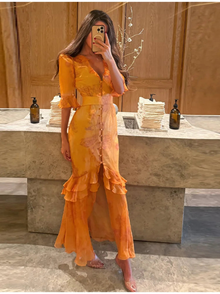 Floral V-Neck Puff Sleeve Ruffle Regular Fit Fit-and-Flare Ankle-Length Dress – Elastic Waist, Spring/Summer Luxegan