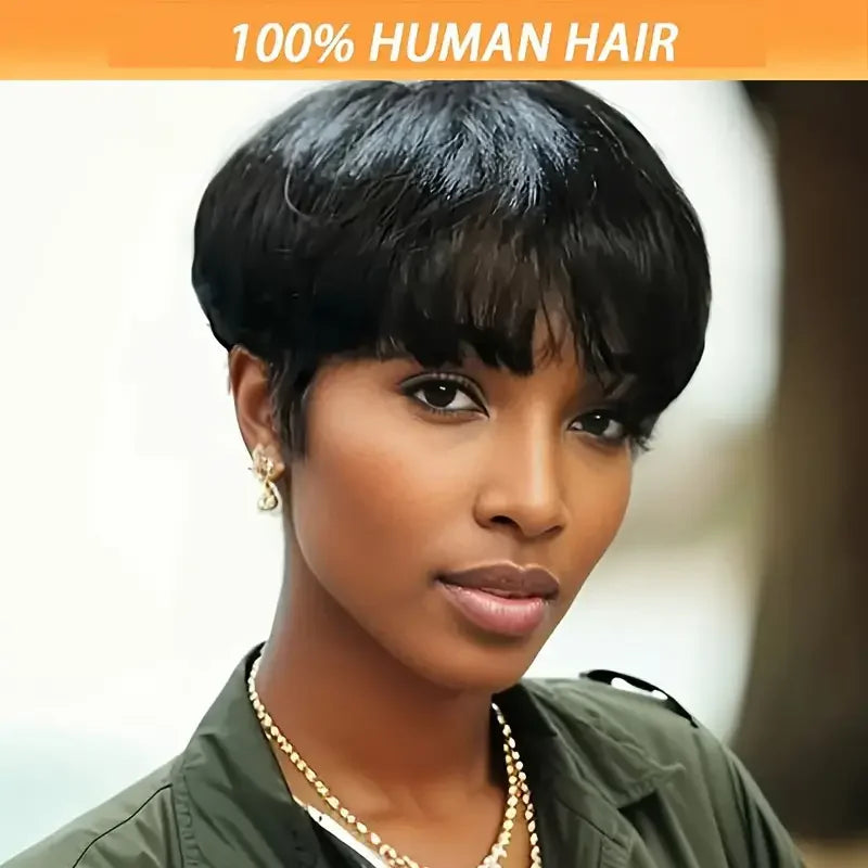 Silky Straight Short Bob Pixie Cut Wig with Bangs - Full Machine-Made Glueless Human Hair Wig - 100% Brazilian Remy Human Hair Natural Color Fringe Wig for Women (Short Length) Luxegan