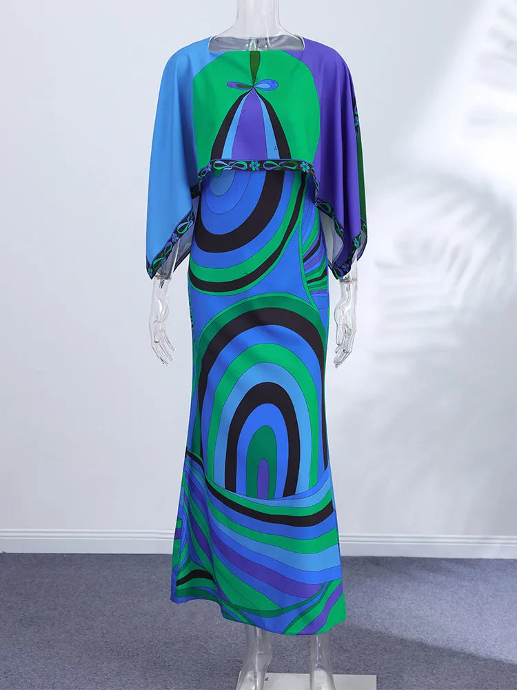 Print Square Neck Patchwork Detail Regular Fit A-Line Ankle-Length Dress – Available as Dress or 2-Piece Set with Cape Top, Summer Luxegan