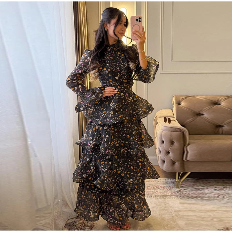 Hand-Painted Floral Print Round Neck Long Sleeve Loose Fit Maxi Dress – Natural Waist, Spring/Summer Luxegan