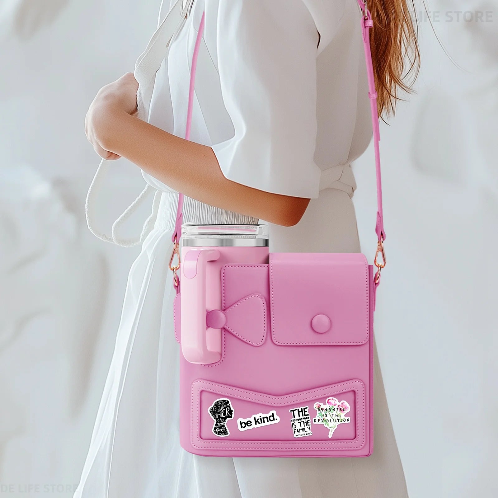 PU Leather Women's Water Bottle Crossbody Bag with Adjustable Strap | Portable Shoulder Handbag for Stanley Cup 40 oz (Box Shape) Luxegan