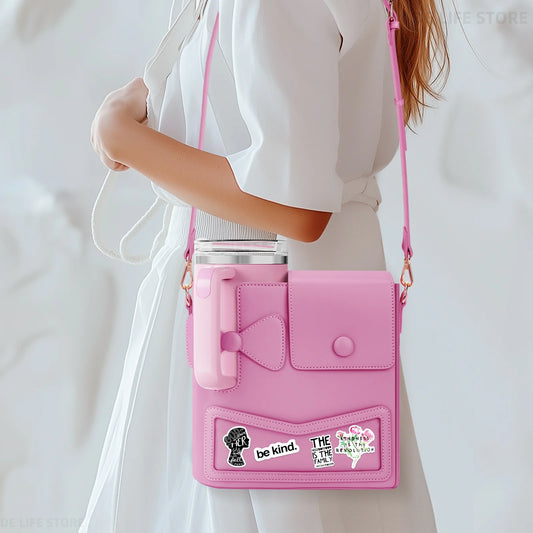 PU Leather Women's Water Bottle Crossbody Bag with Adjustable Strap | Portable Shoulder Handbag for Stanley Cup 40 oz (Box Shape) Luxegan