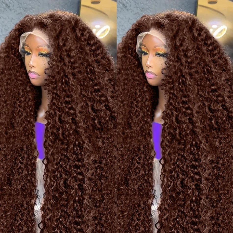 34-Inch Highlight Jerry Curly HD Lace Frontal Wig | Sophisticated 250% Density 13x4 Transparent Lace | Elegant "Chocolate Brown" Highlighted Silhouette | "Dignified" Pre-Plucked Deep Wave Human Hair for Radiant Versatile Styling Luxegan