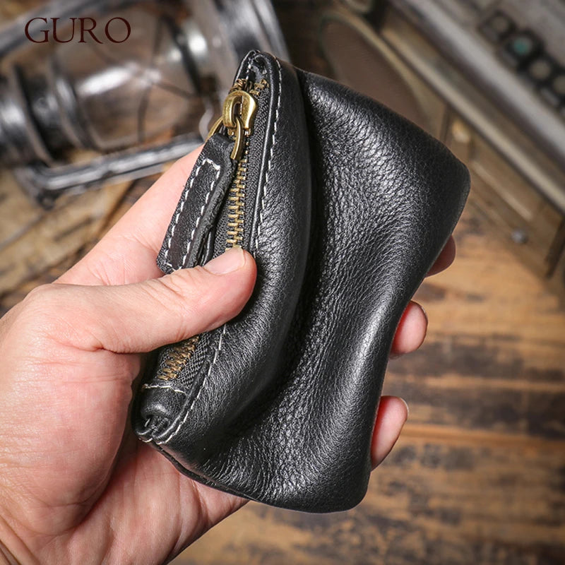 GURO Mini Monedero de Cuero Genuino de Lujo para Hombre, Cartera Corta con Cremallera, Pequeño Estuche de Cuero Vacuno para Mujer, Tarjetero, Bolsas Cuadradas Diarias para Llaves