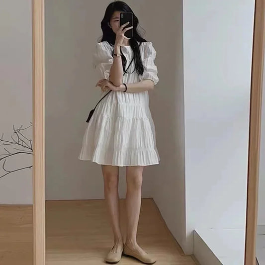 Chiffon Puff Sleeve Midi Dress | O-Neck Empire Waist Loose Beach & Party Dress Luxegan
