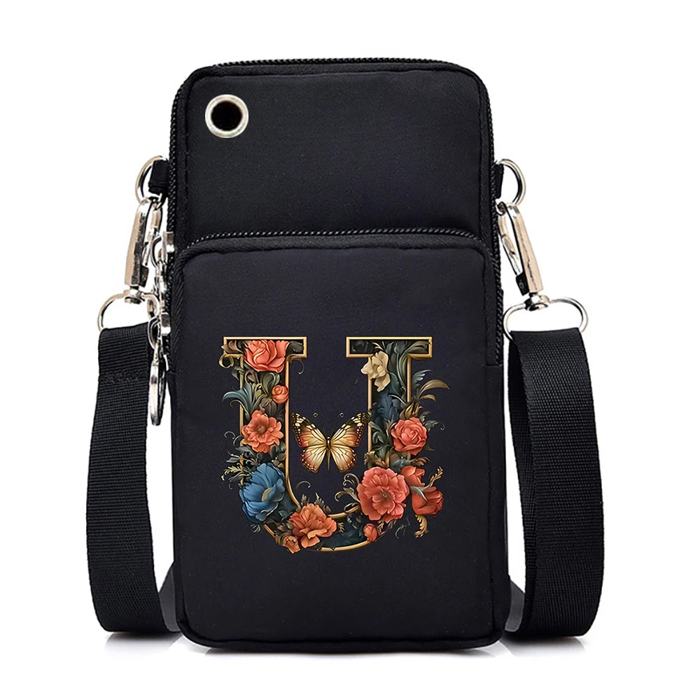 Women’s Small Crossbody Mobile Phone Bag | Sophisticated Vintage Flower & Alphabet Purse | Elegant Mini Messenger with Soft Leather Strap | Fashion-Forward Cartoon Applique Shoulder Bag (Model 858) Luxegan