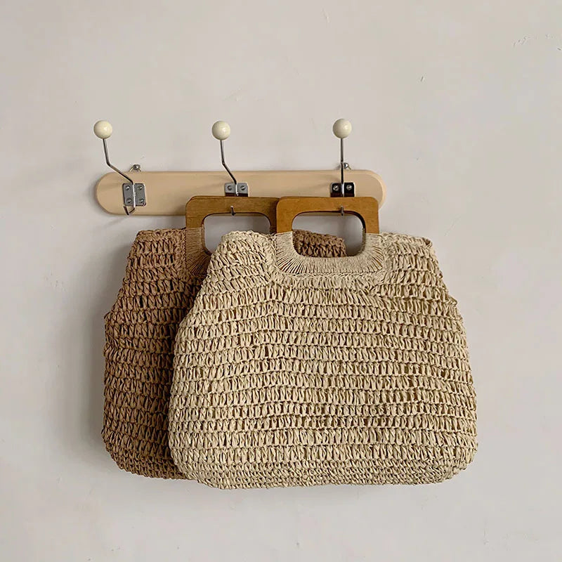 Summer Woven Straw Handbag | Wooden Handle Bag & Large Capacity Beach Tote Luxegan