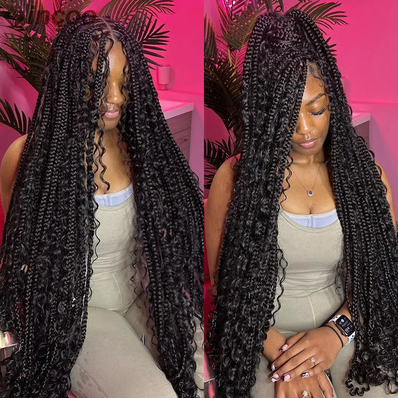 Long 32 Boho Braided Full Lace Front Wigs Synthetic Blonde Curly Goddess Locs Cornrows Wigs Pre Plucked Baby Hair Box Braids Wig Luxegan