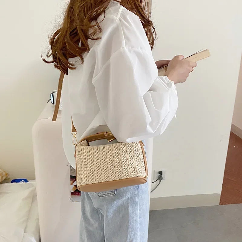 Polyester Knitting Bucket Bag | Soft Bohemian Summer Woven Beach Tote Luxegan