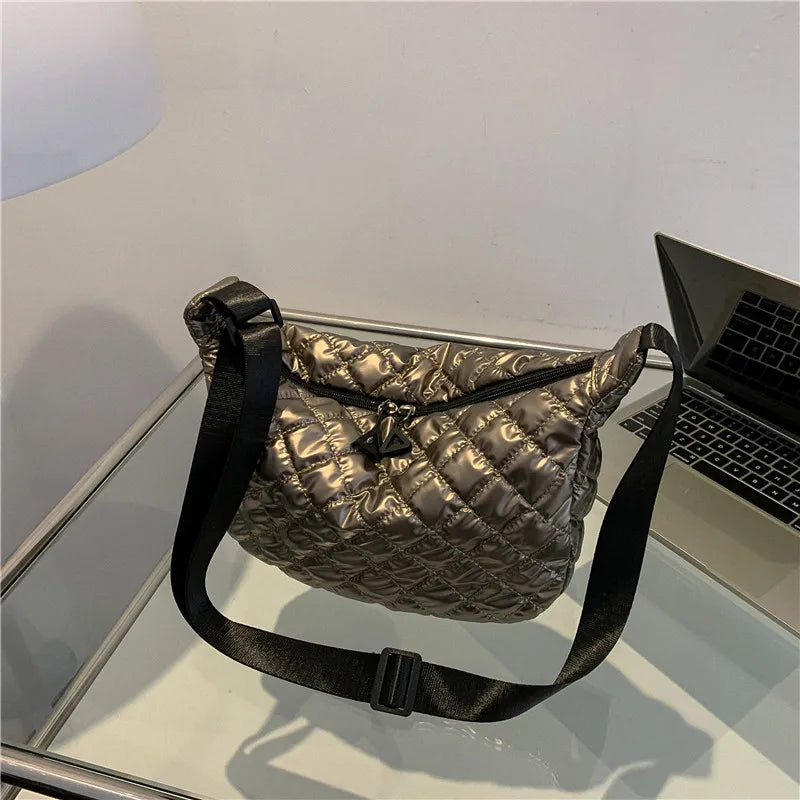 Fashion Nylon Padded Handbags Female | Large Capacity Top-Handle Bags & Solid Color Crossbody Bags (Winter Down Women Shoulder Bags) Luxegan