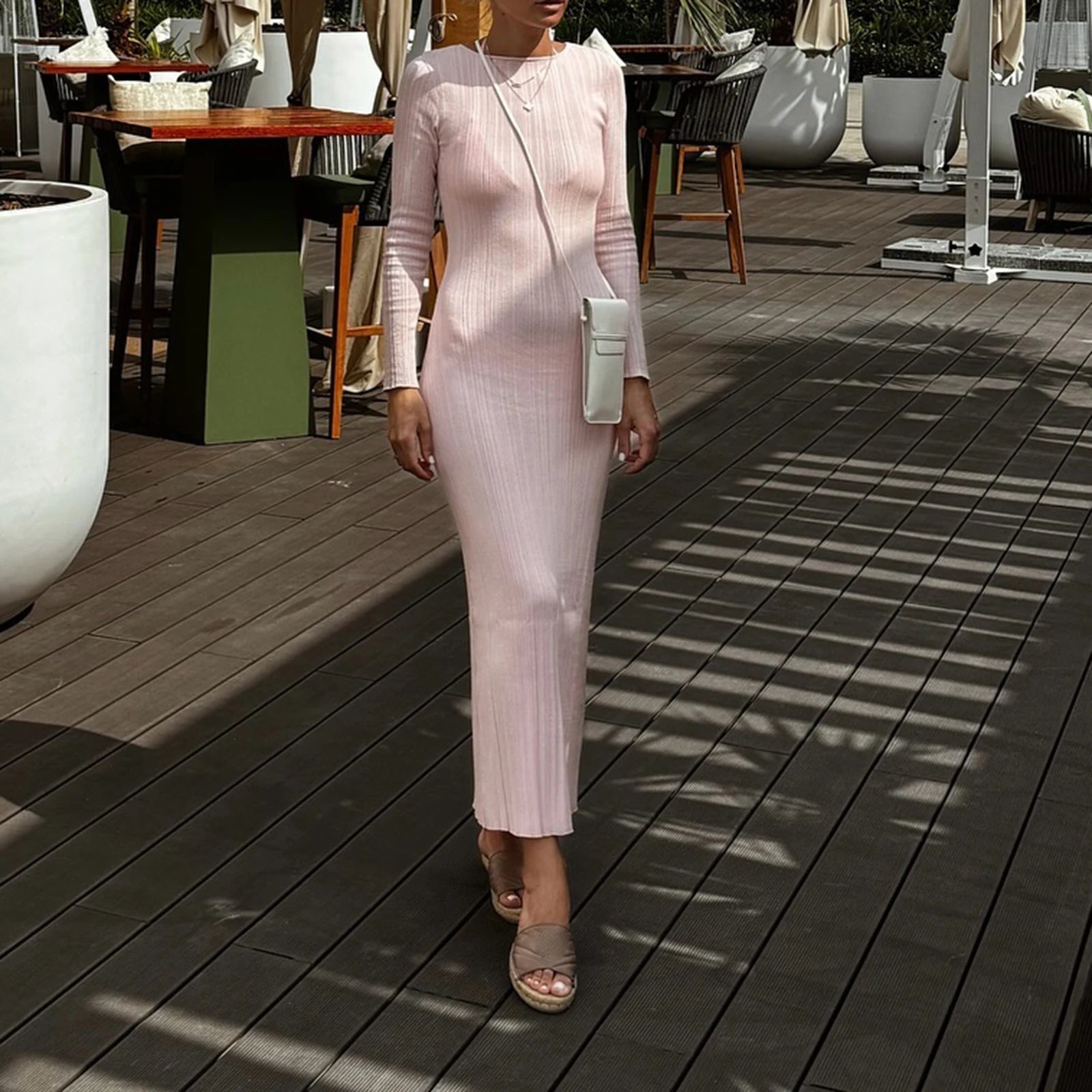 Solid Color Bodycon Knit Dress | Sophisticated Ribbed Slim Fit Ankle-Length Gown | Elegant "Full Sleeve" Silhouette | "Dignified" High-Stretch Pullover Dress for Radiant Versatile Autumn Styling Luxegan