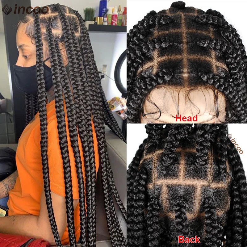 Synthetic Large Box Braided Wigs Jumbo Knotless Full Lace Front Wigs For Black Women Jumbo Tribal Braids Faux Locs Cornrows Wig Luxegan