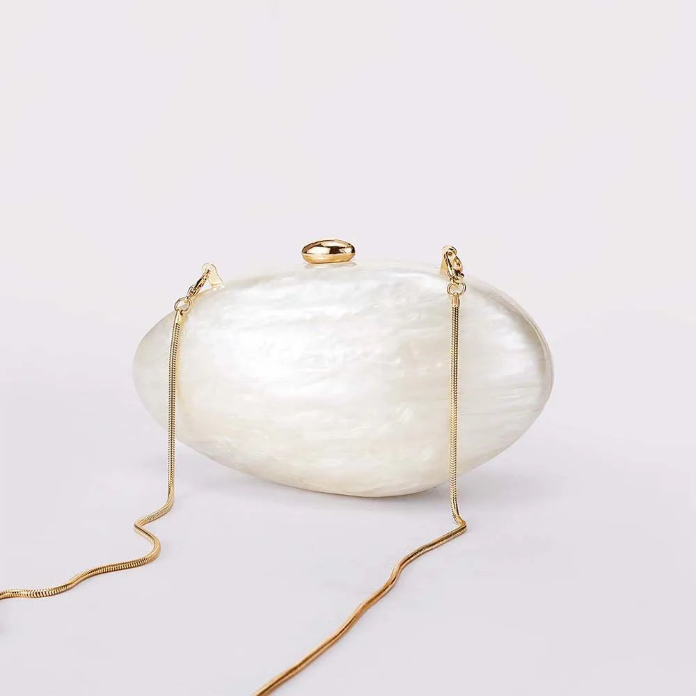 Oval Marble Beige Shell Acrylic Luxury Elegant Lady Evening Bag | Cute Handbag & Wedding Girl Female Mini Purse Luxegan