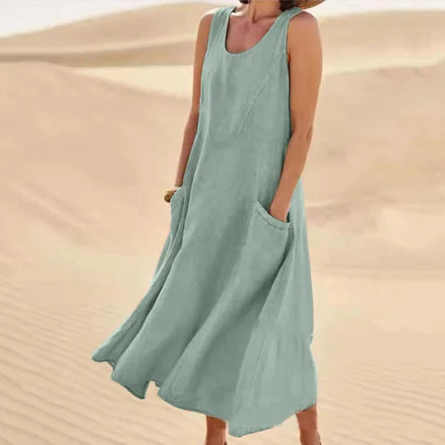 Women's Casual Cotton Linen Sundress | Summer Sleeveless Loose Sand Beachwear Maxi Dress | Elegant Double Big Pocket Oversized Long Dress | Premium High Stretch Regular Fit O-Neck Vestido Model LRFZ-818 Luxegan