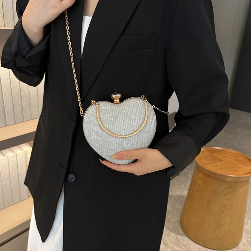 Shiny Heart Shape Metal Evening Clutch Bag for Women | Fashion Chain Shoulder Crossbody Bag (Luxury Lady Purse) Luxegan
