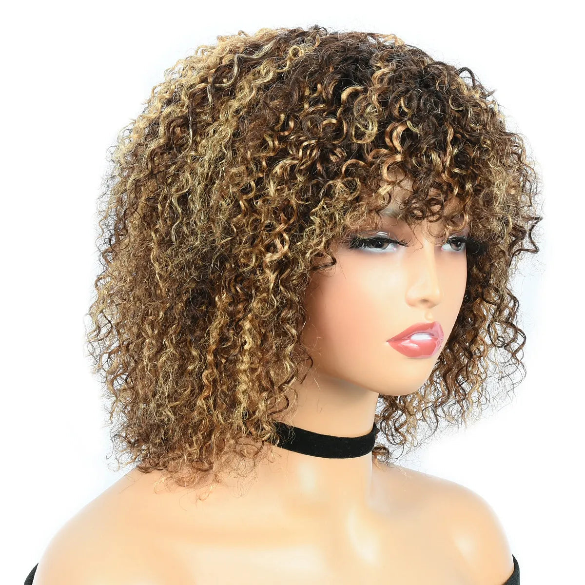 Highlight P4/27 Jerry Curl Pixie Cut Human Hair Wig with Bangs - 10-Inch Full Machine-Made Glueless Short Curly Wig - 100% Human Hair Natural Afro Curly Wig for Women (Factory Price) Luxegan