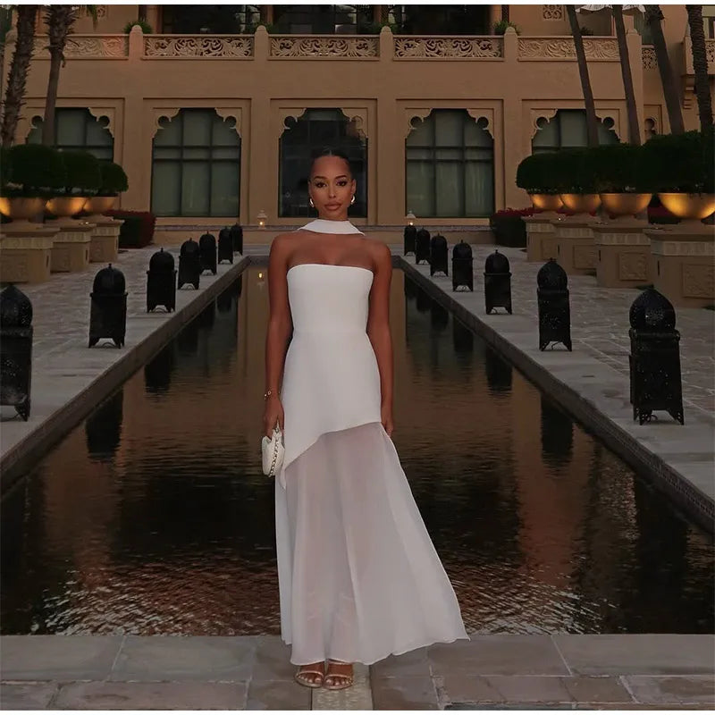 Elegant White Mesh Splicing Slim Women Strapless Dress Chic Scarf Neck Off Shoulder High Waist Long Dresses Lady Party Robes