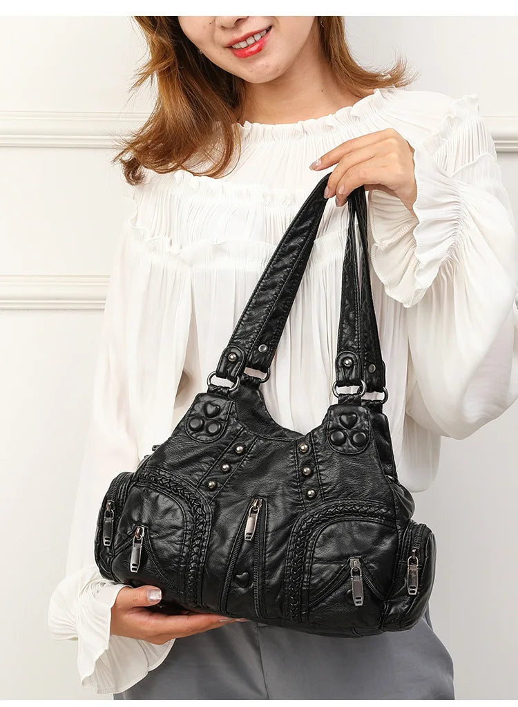 Vintage Y2K Punk Goth Shoulder Bag | Large Capacity Rivet Motorcycle Tote | Luxury Designer PU Leather