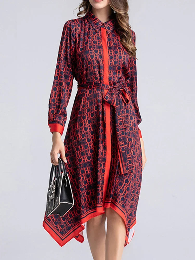 Asymmetric Hem Print A-Line Midi Dress | Turn-Down Collar Long Sleeve Empire Waist Party Dress Luxegan