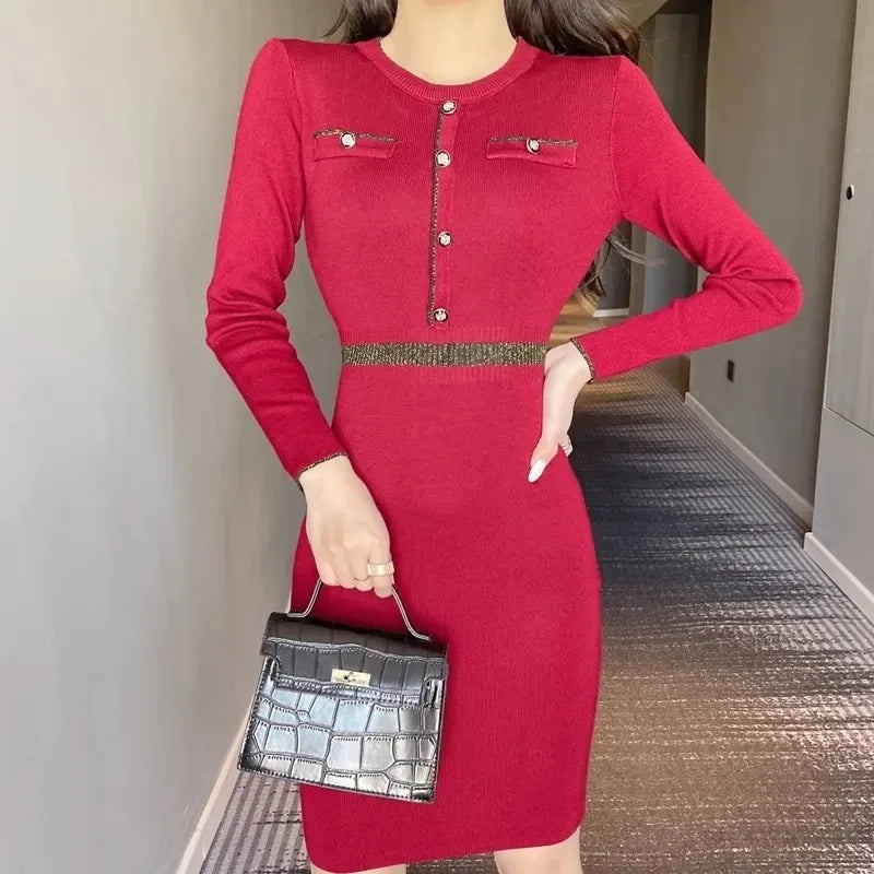 Button-Detail Knit Round Neck Full Sleeve Slim Sheath Mini Dress – Empire Waist, Autumn/Winter Luxegan