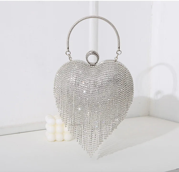 Rhinestone Evening Bag | Heart Pattern Silver Handbag & Diamond Tassel Clutch Luxegan