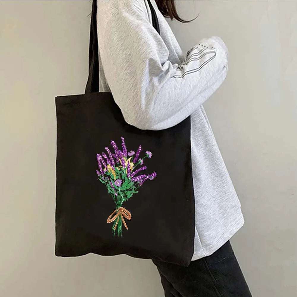 Succulove Floral Cotton Tote Bag | Large Capacity Handbag with Tulips, Hydrangeas, Sunflowers & More (Casual Shoulder Shopper, Eco-Friendly) Luxegan
