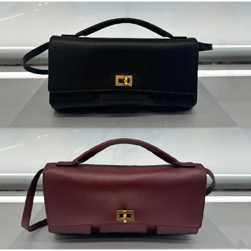 Genuine Leather Solid Satchel | Soft Black Lock Design Shoulder Crossbody Bag Luxegan