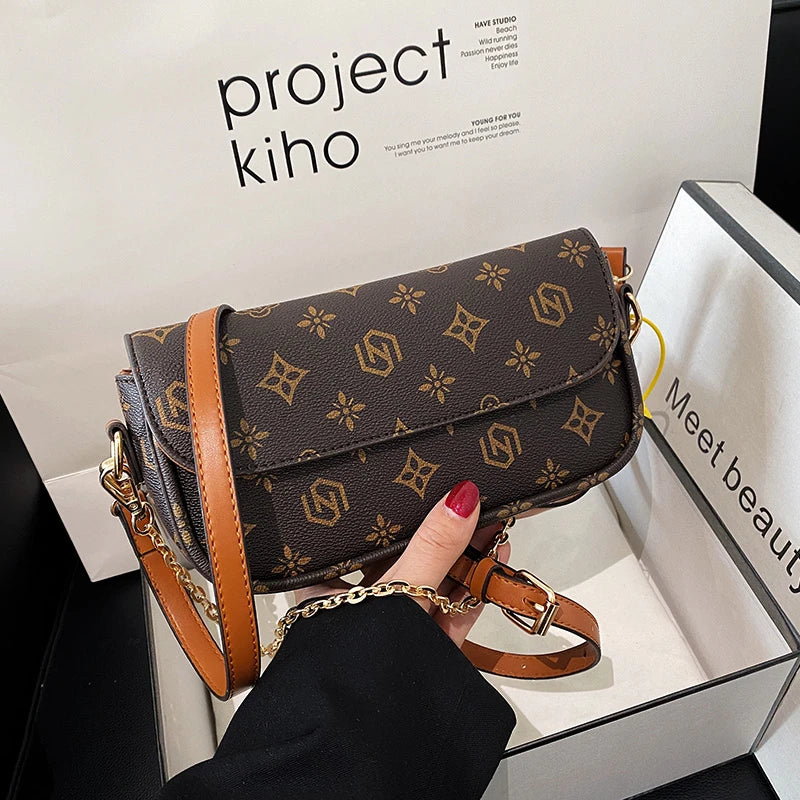 Fashionable Retro Printed Small Square Bag | Versatile Floral Baguette Underarm Bag | Soft PU Leather Crossbody & Shoulder Purse for Parties Luxegan