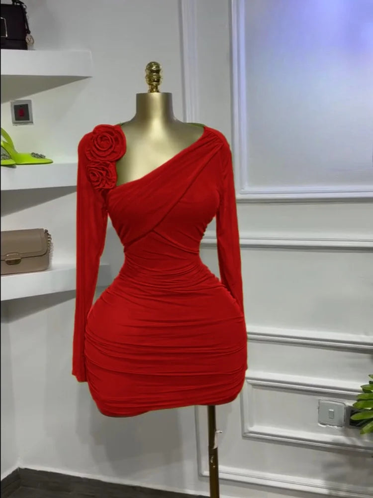 Solid High Street Asymmetric Neckline Full-Length Sleeve Regular Fit Shirred Pencil Mini Dress – High-Stretch Polyester-Elastane, Natural Waist, Summer Luxegan