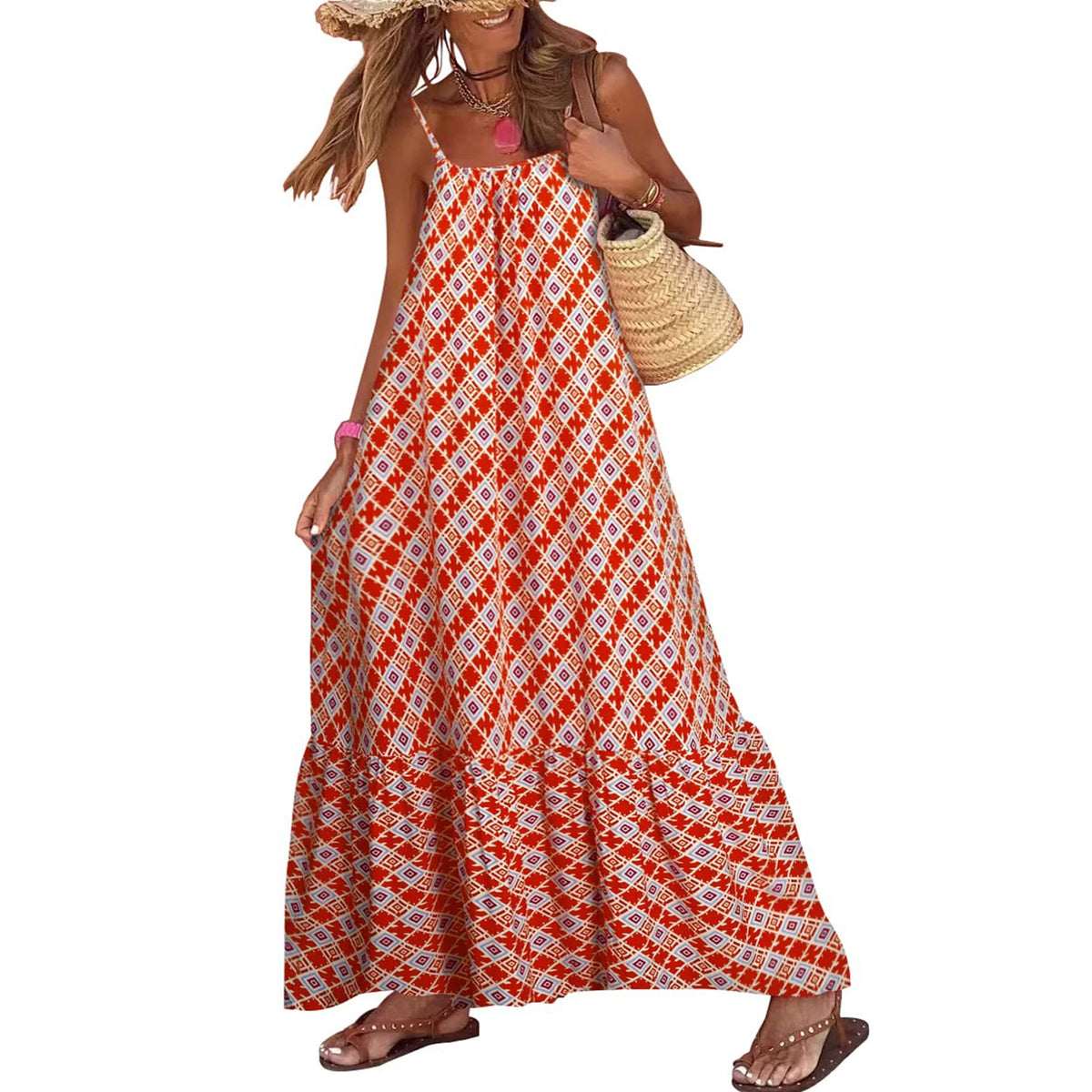 Print Slash Neck Spaghetti Strap Sleeveless Backless Loose Fit A-Line Floor-Length Dress – Slight Stretch Polyester, Empire Waist, Summer Luxegan