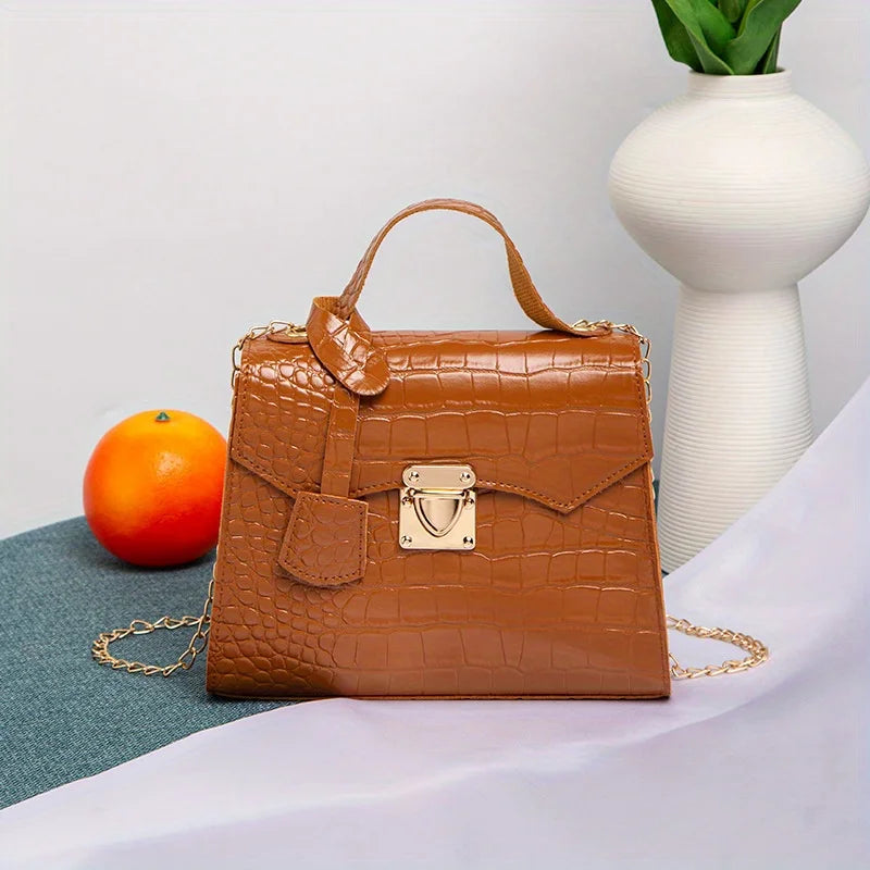 Soft PU Crocodile-Embossed Mini Satchel | Twist Lock Chain Detail Handbag Luxegan